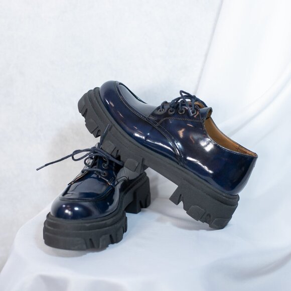 Steve Madden Chunky Platform Genuine Leather Shoes Lace Up Helga Blue Size 9M - Picture 2 of 11